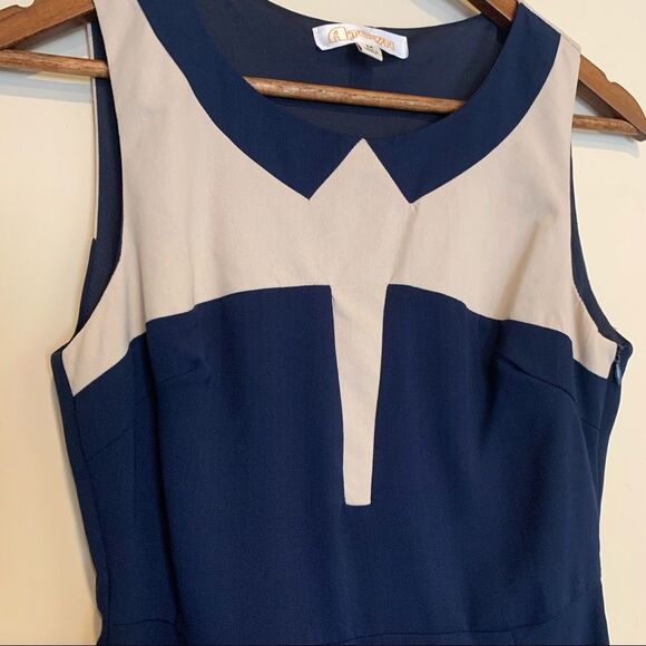 Color block dress blue cream sleeveless sheath career work size medium - Picture 3 of 9